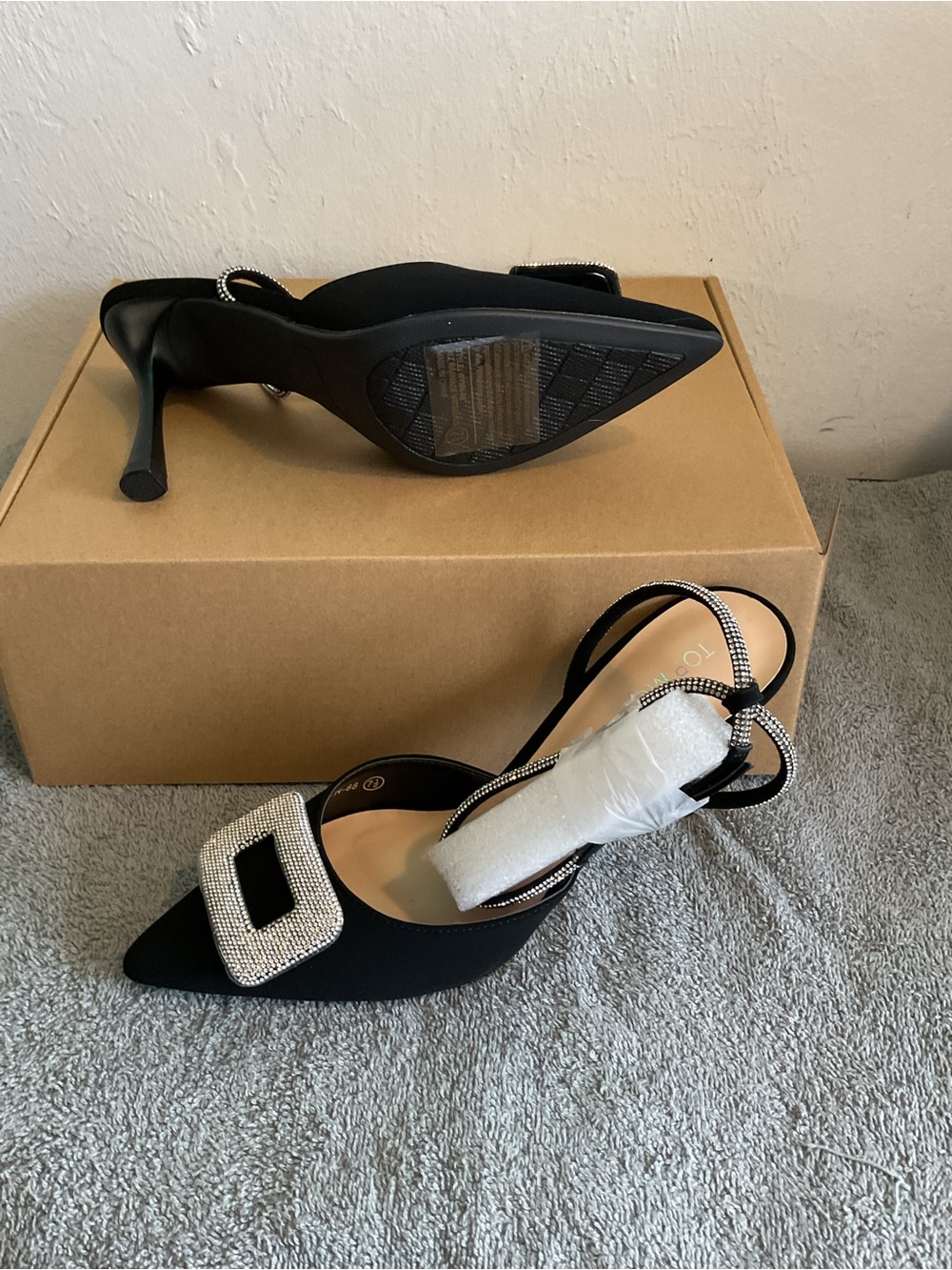 TOP Moda Black Rhinestone Buckle Slingback Mules - Picture 2 of 4